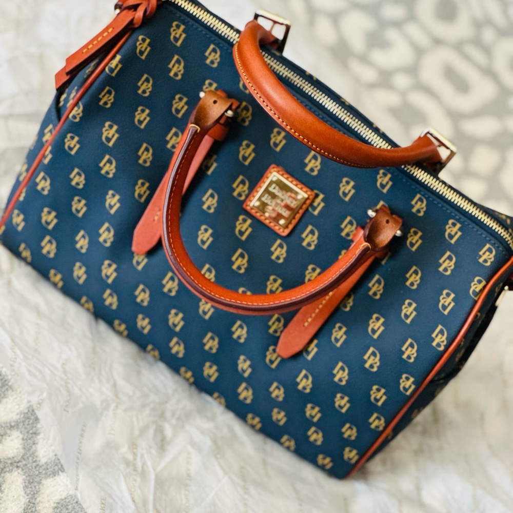 Dooney & Bourke Blue and Brown Satchel with Gold Hardware